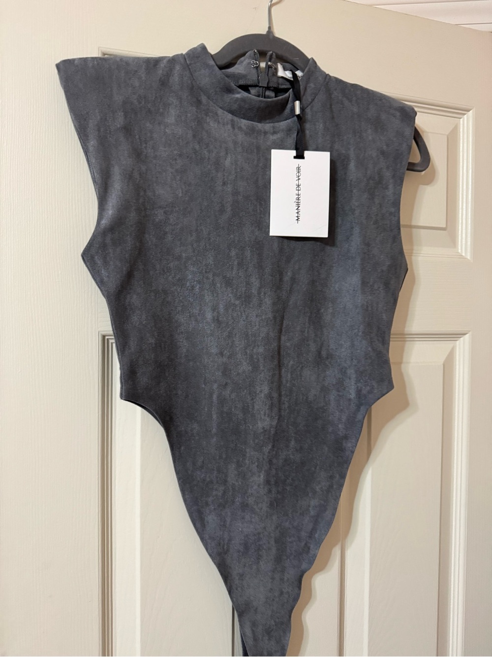 Manière De Voir Grey Vegan Suede Sleeveless Mock Neck Bodysuit — Size UK12/US8